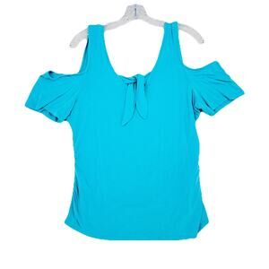 VENUS Cold Shoulder Tie Front Top XL Blue Stretch Ruched USA